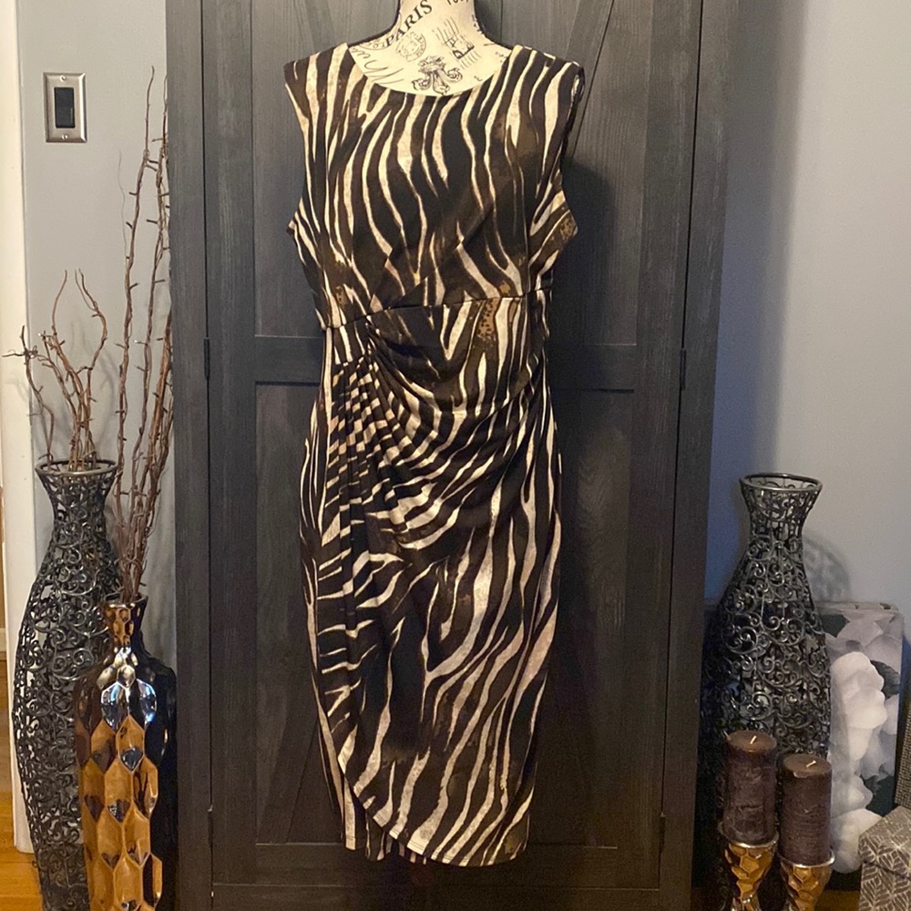 Enfocus Studio brown animal print sleeveless faux wrap dress